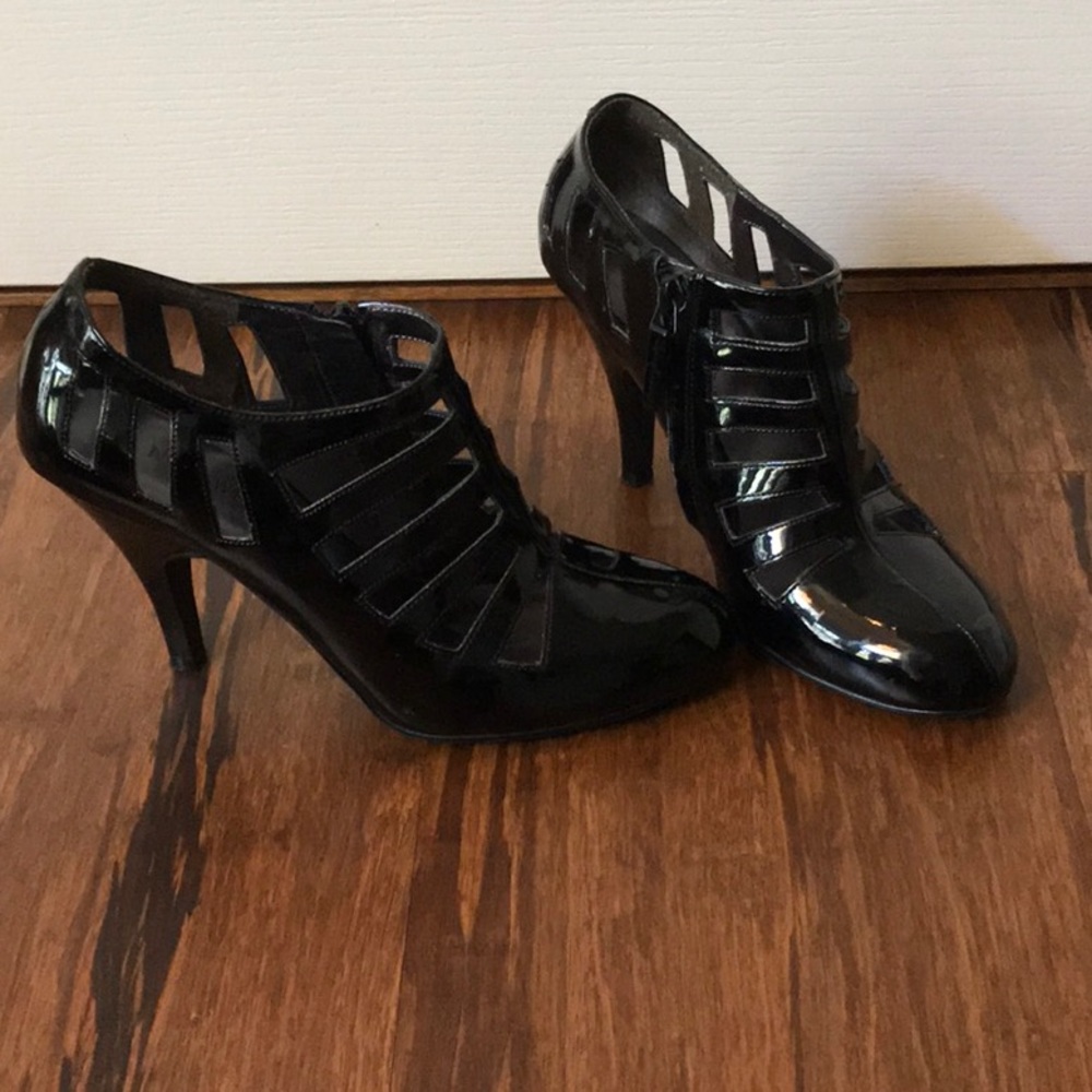 Black patent leather dress booties